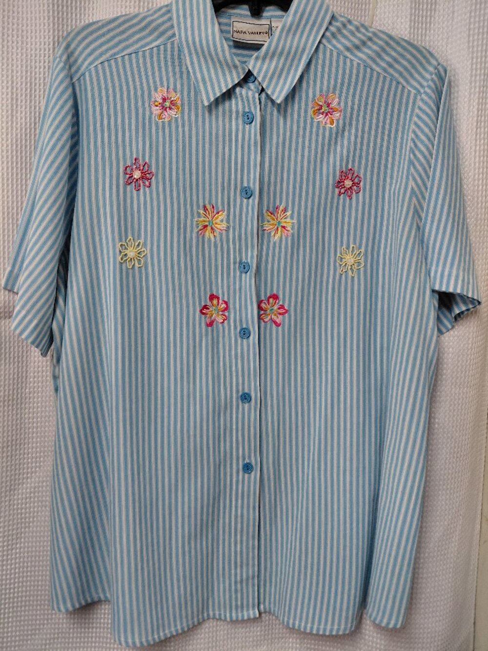 VTG Napa Valley Embroidered Striped Shirt Blue White Floral Size L Grandmacore